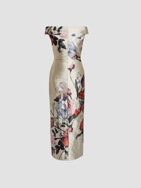 Erdem FLORAL PRINT TEXTURED SATIN OFF-THE-SHOULDER GOWN