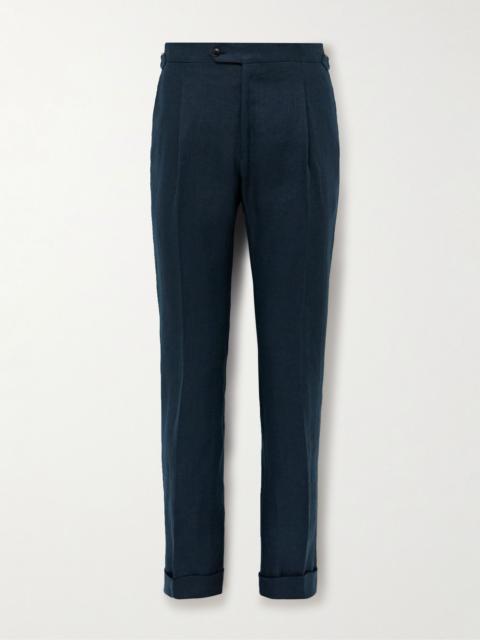 SAMAN AMEL Slim-Fit Pleated Linen Suit Trousers Navy