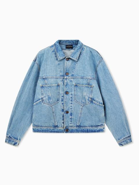 EMPORIO ARMANI BLOUSON JACKET IN STONE WASHED DENIM WITH METAL BUTTONS