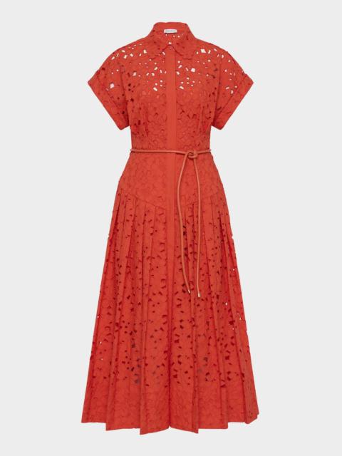 REBECCA VALLANCE Blaire Pleated Floral Lace Midi Shirtdress