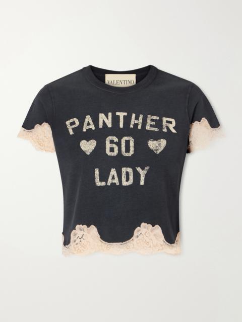 Valentino Cropped Printed Lace-trimmed Cotton-jersey T-shirt