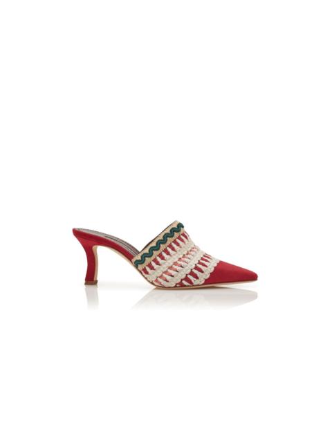 Manolo Blahnik Red Suede Knitted Detail Mules