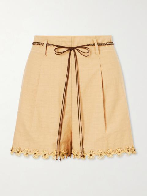 Zimmermann Mahon Flower Pleated Leather And Raffia-trimmed Cotton Shorts