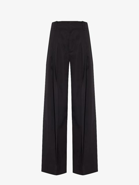 Pleated wide-leg high-rise cotton-blend trousers