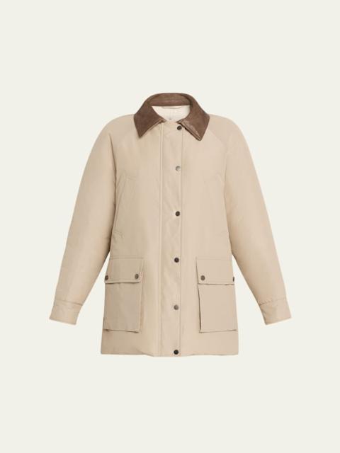 Brunello Cucinelli Leather-Collar Padded Cotton Techno Car Coat