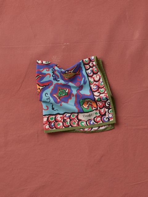 Drake's Teal Fish Print Silk Pocket Square