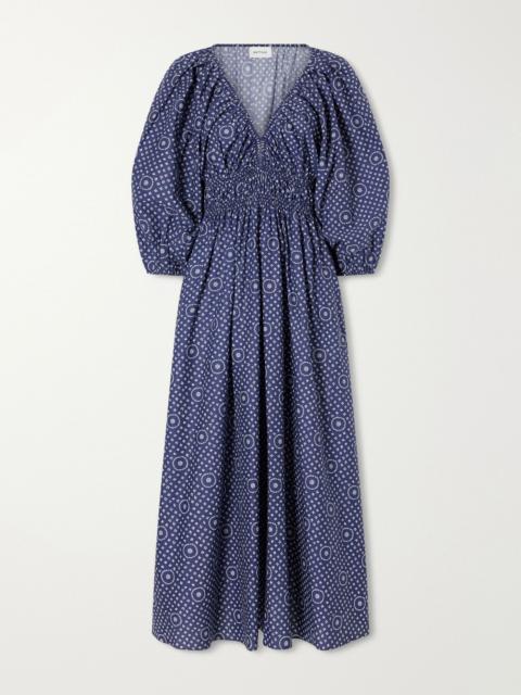 MATTEAU Shirred paisley-print organic cotton midi dress Blue