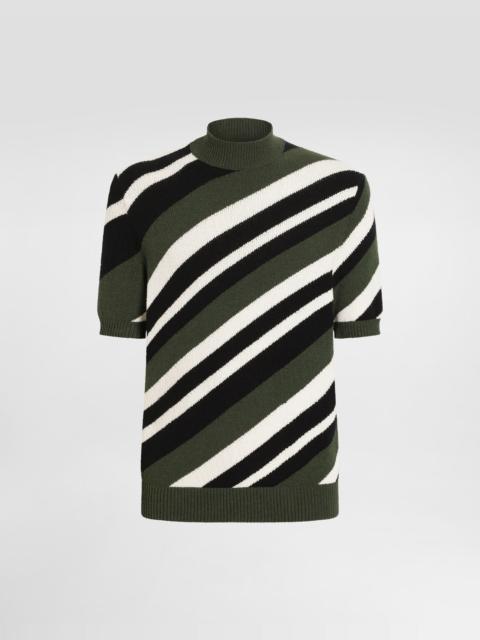 Dolce & Gabbana Short-sleeved cotton mock-turtleneck with striped inlay