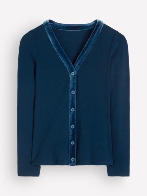 BODEN Velvet Trimmed V-Neck Top-Sailor Blue