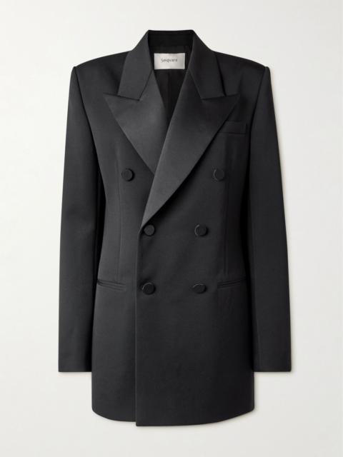 SAINT LAURENT Double-breasted satin-trimmed grain de poudre wool blazer Black