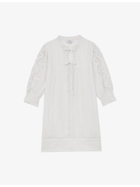 REISS Gia Cheesecloth Tie-Neck Cotton Mini Dress