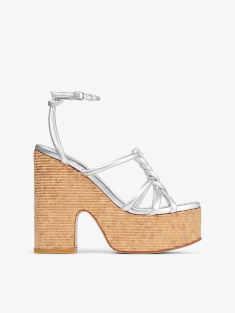 JIMMY CHOO Clare Wedge 130 Silver Metallic Nappa Leather Wedge Sandals