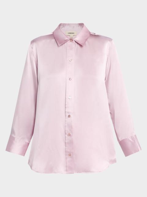 L'AGENCE Dani Silk Satin 3/4-Sleeve Button-Down Blouse