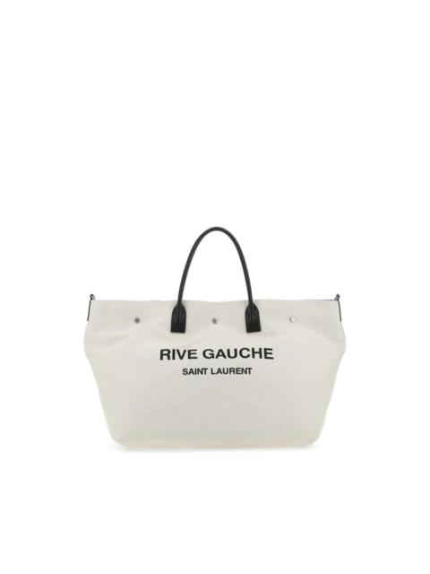 SAINT LAURENT rive gauche maxi shopping bag in printed canvas and smooth leather