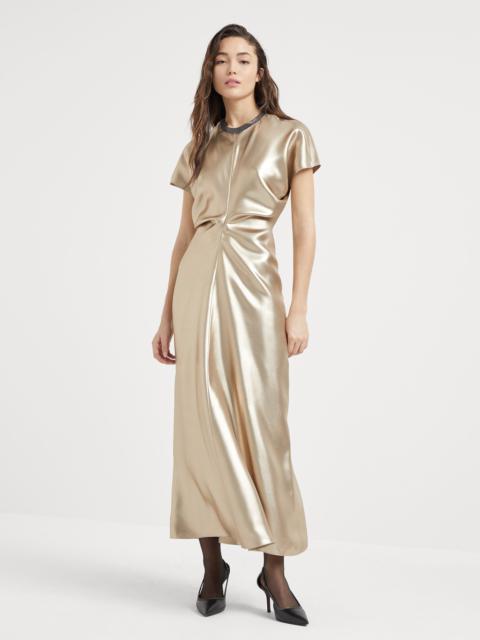 Lamé silk twill dress with precious detail