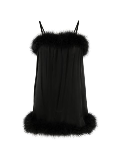 feather-trim satin slip minidress