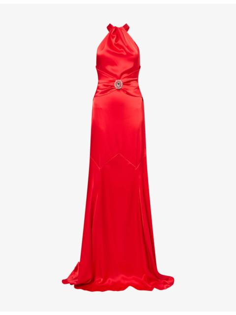David Koma Crystal-Embellished Halter-Neck Satin Gown