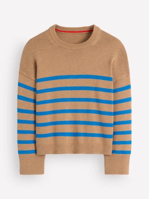 BODEN Lucy Relaxed Cotton Sweater-Camel, Blue Stripe
