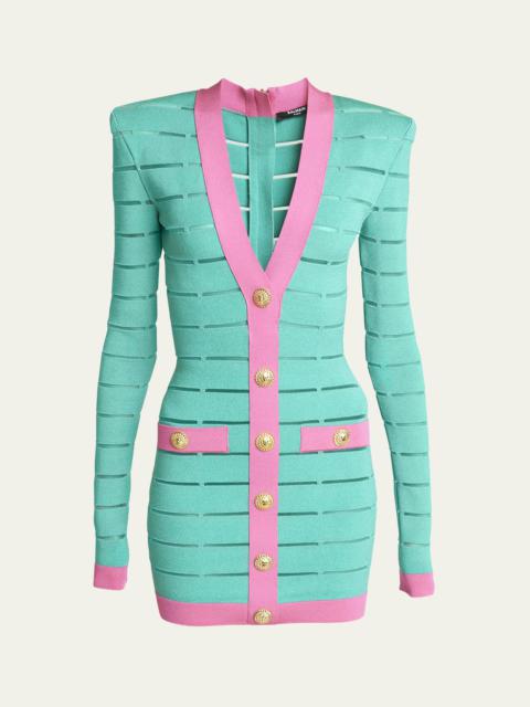 Bicolor Buttoned Body-Con Knit Mini Dress