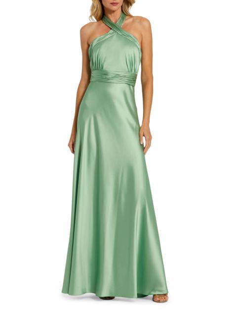 MAC DUGGAL Women's ​Halter Neck Tie-Back Ruched Satin Gown - Sage