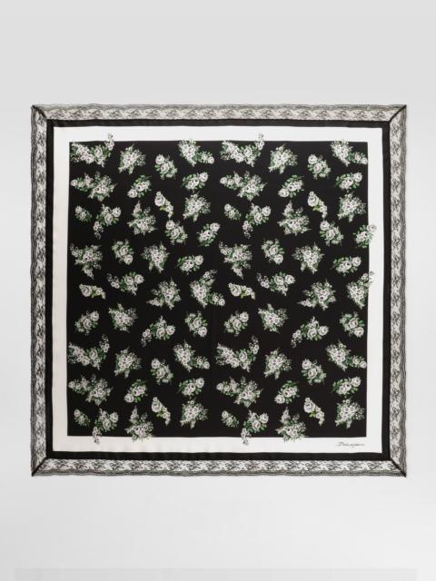 Dolce & Gabbana 90x90 small flower bouquet-print silk twill scarf with lace insert
