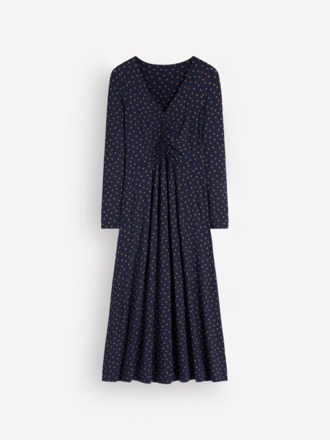 BODEN Jasmine Ruched Jersey Dress-French Navy, Painted Dot Space