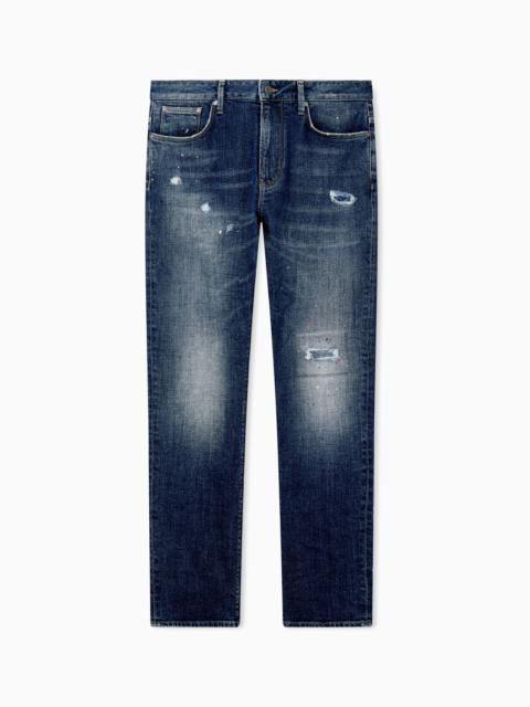 EMPORIO ARMANI SLIM-FIT FIVE-POCKET JEANS IN DISTRESSED STRETCH DENIM