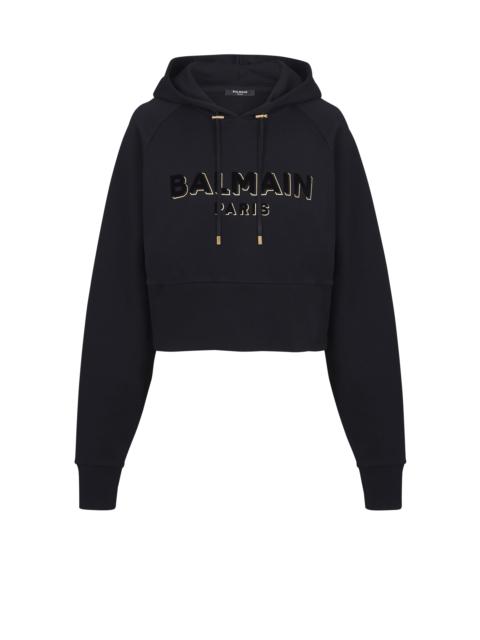 Cropped cotton sweatshirt with flocked metallic Balmain logo