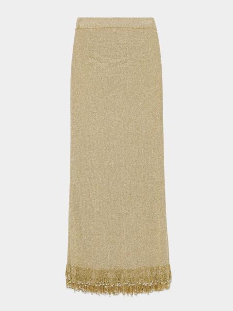 SIMKHAI Zeni Fringe-Trim Metallic Knit Midi Skirt