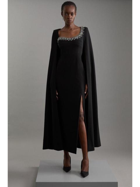 KAREN MILLEN Crystal Embellished Viscose Crepe Woven Cape Maxi Dress