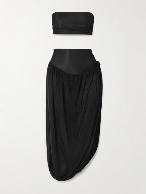 MAYGEL CORONEL Noregia Ruched Draped Appliquéd Stretch-jersey Strapless Top And Midi Skirt Set
