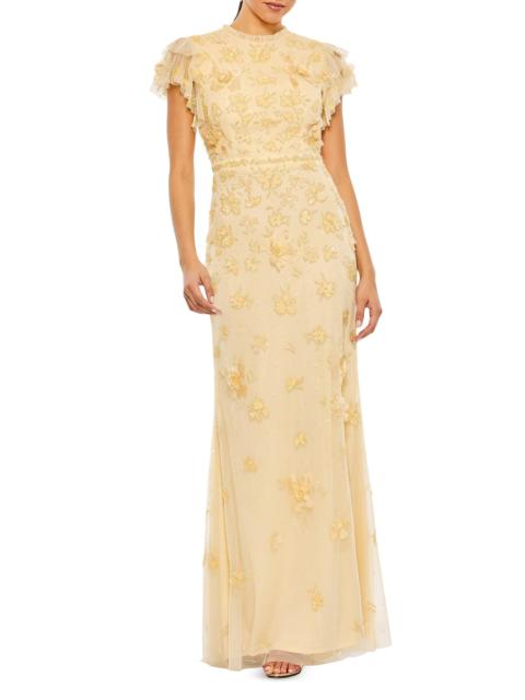 MAC DUGGAL Women's High Neck Flutter-Sleeve Floral Embellished Gown - Butter
