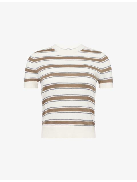 Vince Round-Neck Striped Cotton-And-Cashmere Top