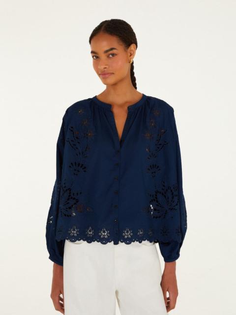 FARM RIO Navy Blue Artisanal Long Sleeve Blouse