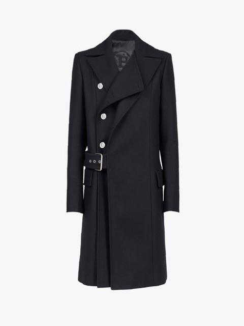 Balmain Long asymmetrical navy blue wool coat