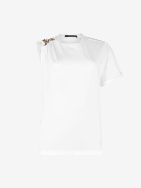 Roberto Cavalli White Asymmetric T-shirt with Snake Motif