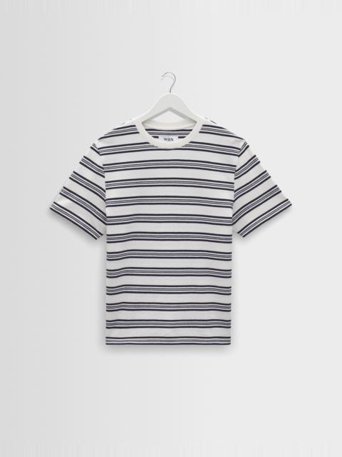 Wax London Dean - Ecru And Navy Textured Stripe Organic Cotton T-Shirt
