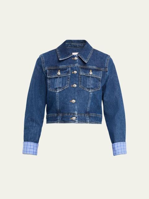 Cinq à Sept Lexie Gingham-Cuff Cropped Denim Jacket