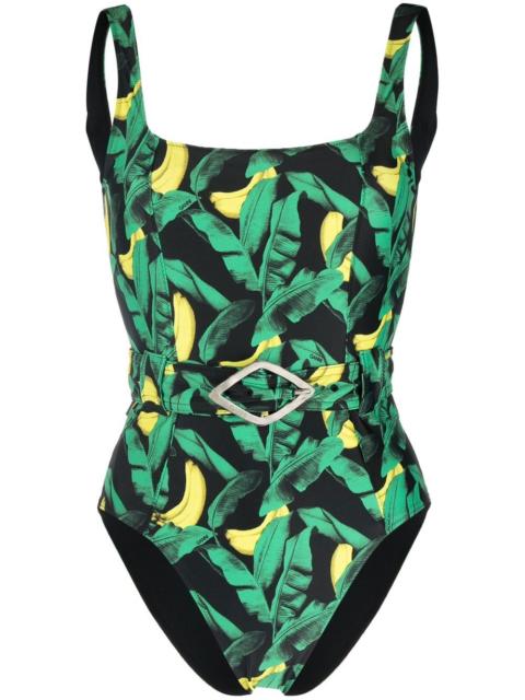 GANNI banana tree-print belted swimsuit