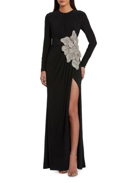 MAC DUGGAL Women's Jersey Beaded Floral Long-Sleeve Gown - Black