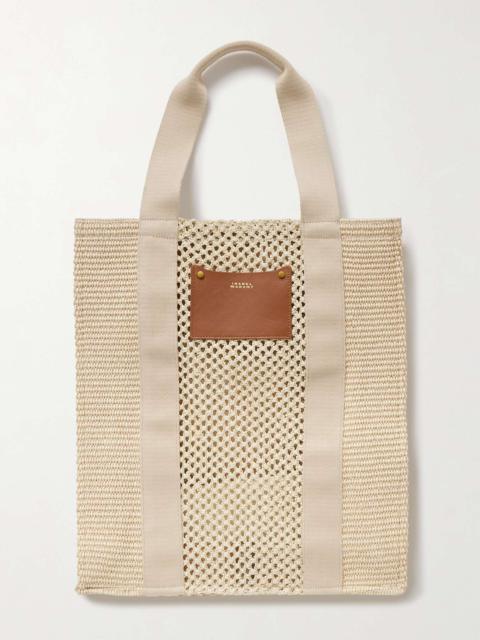 Puebla leather and twill-trimmed striped straw tote