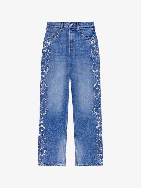 Sequin-embroidered wide-leg high-rise denim jeans