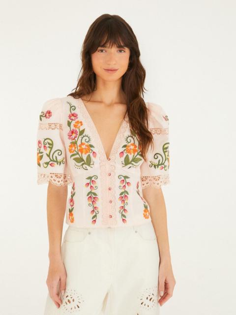 FARM RIO Off-White Flower Embroidery Puff Sleeve Blouse