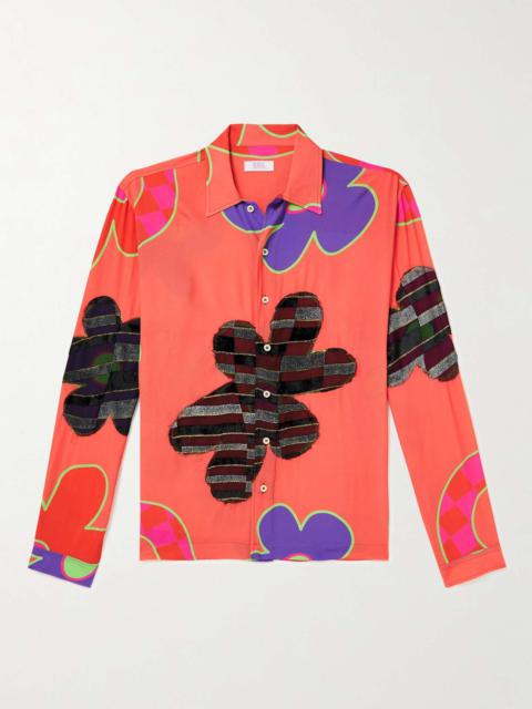 Patchwork Floral-Print Crepe and Metallic Jacquard Shirt