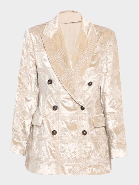 Brunello Cucinelli Pailette Prince Of Wales Shiny Velvet Double-Breasted Jacket