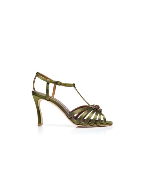 Manolo Blahnik Khaki Satin Jewel Embellished T-Bar Sandals