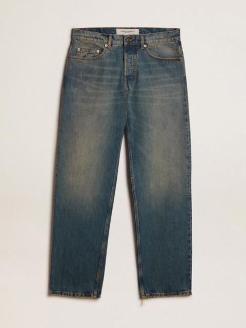 Blue jeans with a lived-in treatment