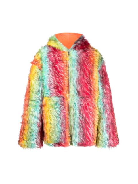 striped reversible faux-fur hooded jacket