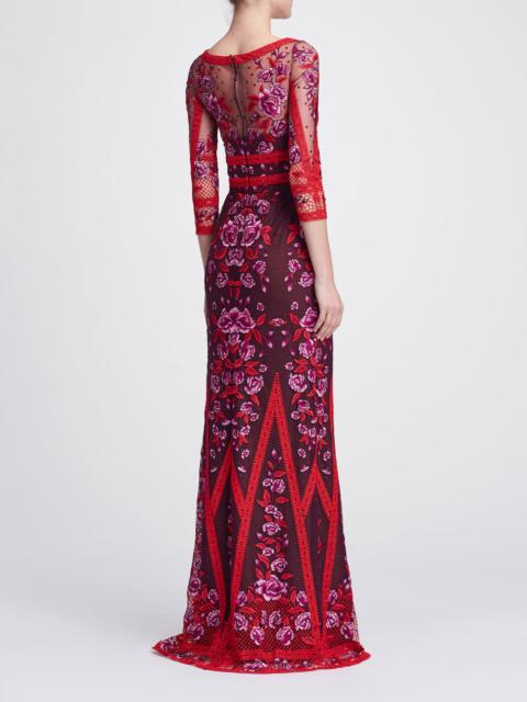 Marchesa V-NECK LACE GOWN