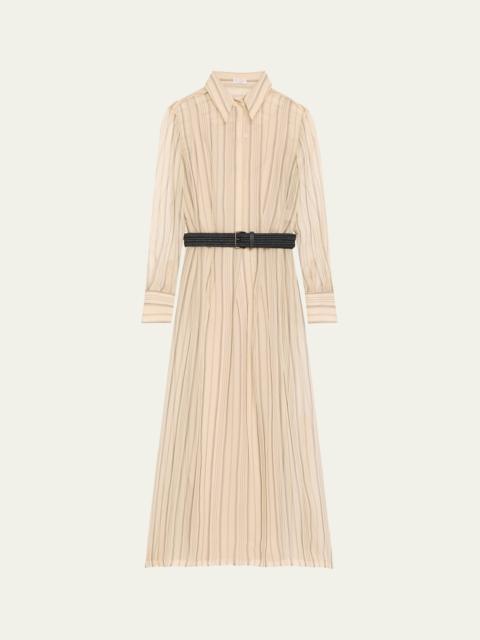 Brunello Cucinelli Striped Chiffon Maxi Shirtdress With Monili-Trim Raffia Belt